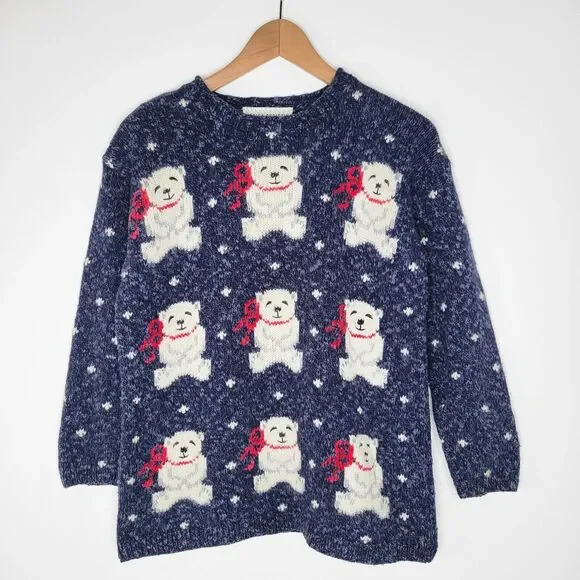 Vintage MARISA CHRISTINA Teddy Bear Sweater Sz S Wool Blend 3/4 Sleeve Christmas - Picture 3 of 8